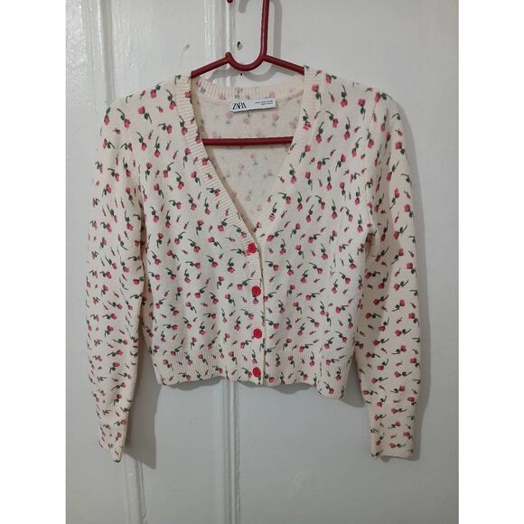 Zara womens medium sweater cardigan cream red fairy Cottagecore wool blend - Picture 3 of 8